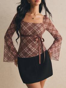 Poéselle Women's Plaid Square Neck Raglan Flare Sleeve Fashion Top - Brown - View 1