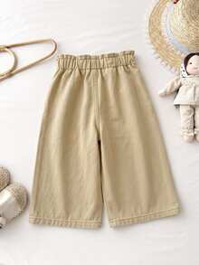 LMoss Kids Baby Girl Ruffle Waist Button Design Casual Denim Loose Long Pants - Khaki - View 2