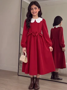 SHEIN Tween女孩秋冬紅色長袖3D蝴蝶結裝飾翻領洋裝，復古學院風精緻3D蝴蝶結裝飾翻領洋裝 - 酒紅色 - 查看 2