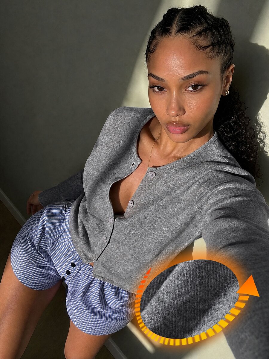 Livesso Women's Solid Color Long Sleeve Single-Breasted Top And Striped Shorts Pajama Set - Grey - View 1