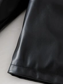 Tween Girl 3D Floral Decor PU Leather Zipper Front Cute Jacket School Off Campus All Black Fall Korea Career Day - Black - View 6