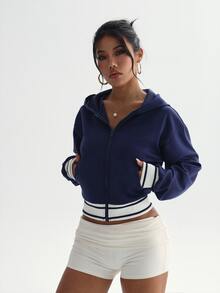 StreetHx Women's Patchwork Striped Drop Shoulder Long Sleeve Zip-Up Hooded Sweatshirt - Navy Blue - View 4
