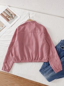 SHEIN 青少年女孩長袖抓絨秋季服飾，休閒日常高級感校園通勤 Ins 風格百搭 PU 皮革翻領寬鬆夾克外套 - 紅色 - 查看 2