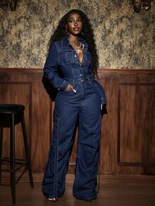 SHEIN Tall Women's Long Sleeve Utility Pocket Button Half-Placket Casual Denim Jumpsuit - Blue - View 4