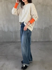 FRIFUL 女款條紋鈕扣半開襟休閒落肩寬鬆版型T恤 - 米色 - 查看 6