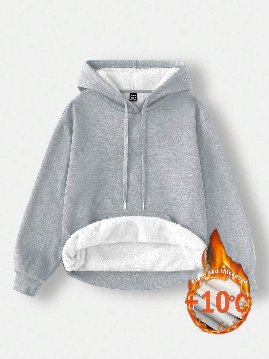 SHEIN EZwear Casual Loose Thick Women's Light Gray Floral Fleece Sweatshirt With Pockets And Drawstring, Suitable For Autumn/Winter - Light Grey - View 1