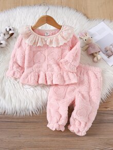 SHEIN Bộ 2 món áo tay dài cổ tròn bèo nhún lông giả và quần dài cho bé gái, phong cách dễ thương, mặc nhà thường ngày, chất lông xù mềm mại, thoải mái, thu đông - Hồng - Xem 6