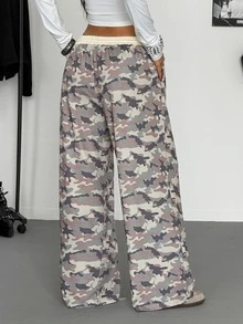 StreetHx Women's Camouflage Print Drawstring Waist Pocket Sweatpants - Apricot - View 3