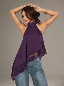 SHEIN PETITE 不對稱高領掛脖上衣，蕾絲飾邊，晚宴派對雞尾酒會正式優雅風 - 紫色 - 查看 4