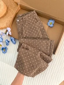 Comfortcana 女款休閒日常牛仔褲，附口袋、鈕扣與波點圖案 - 卡其色 - 查看 1