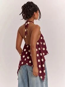 SHEIN BAE Women's Polka Dot Asymmetric Hem Fashion Halter Tank Top - Burgundy - View 2