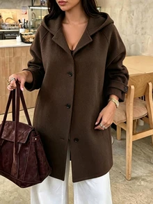 Easura Plus Size Women's Autumn/Winter Hooded Cuff Sleeve Strap Casual Daily Commute Overcoat - Coffee Brown - View 3