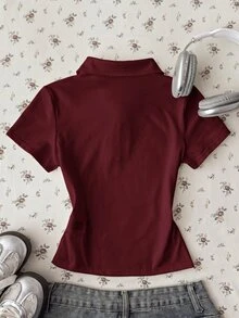 青少年女孩白色純色休閒極簡半拉鍊 Polo 領修身短袖 T 恤 - 紅色 - 查看 2