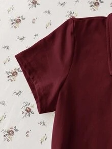 青少年女孩白色純色休閒極簡半拉鍊 Polo 領修身短袖 T 恤 - 紅色 - 查看 4