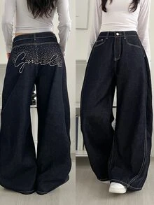 DAZY Women's Loose Straight Leg Casual Jeans With Letter Rhinestone Decor - Dark Wash - View 1