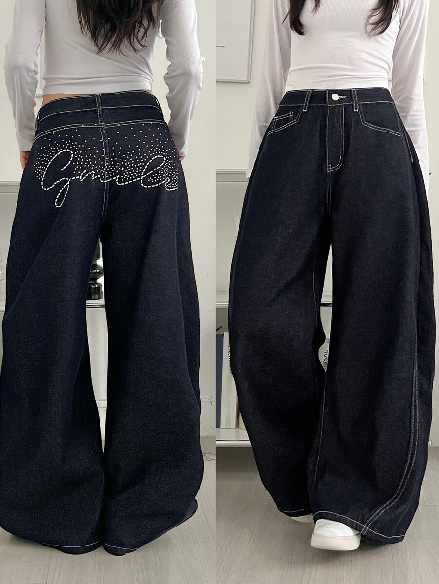 DAZY Women's Loose Straight Leg Casual Jeans With Letter Rhinestone Decor - Dark Wash - View 1