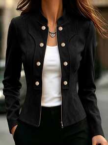 Elafinee Women's Long Sleeve Zipper Front Waist-Cinching Jacket With Metal Button Decoration - Black - View 1