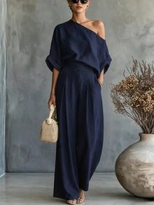 SHEIN Franclia 新款亞麻舒適不對稱單肩上衣與寬腿褲女款兩件套 - 藏蓝色 - 查看 1