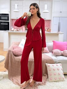 SweetSlumber Sweet Cute Sexy V-Neck Long Sleeve Pants Pajama Set For Women - Burgundy - View 4
