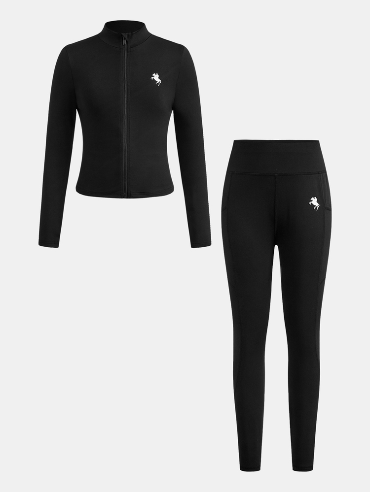 Tween Girl Black Pony Rider Print Zip-Up Top & Leggings Sports Set,Autumn/Winter,Fall,Fall Clothes,Long Sleeve Tops,Christmas/Halloween - Black - View 8