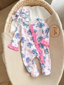 SHEIN 新生兒男嬰可愛針織休閒卡通熊圖案連身衣與髮帶套裝 - 淺粉色 - 查看 8