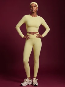 Zivah Women's Long Sleeve Minimalist Top And Criss-Cross Waist Pants Sports Set - Yellow - View 1