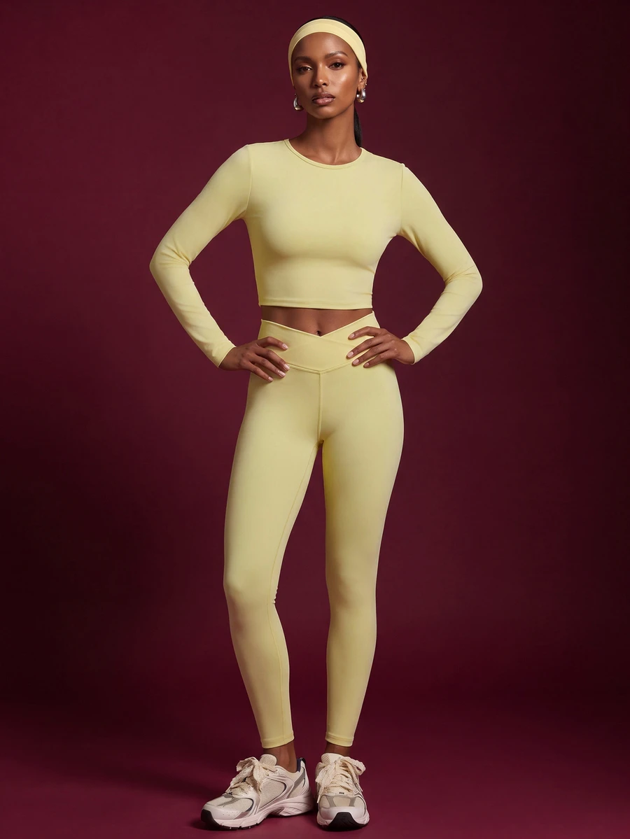 Zivah Women's Long Sleeve Minimalist Top And Criss-Cross Waist Pants Sports Set - Yellow - View 1