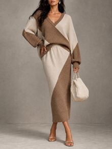 LUMIGAL Women's Colorblock V-Neck Drop Shoulder Long Sleeve Sweater And Knitted Skirt Casual 2 Pieces Set - Multicolor - View 5