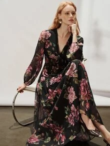 Aveloria Modichic 女款 A 字長洋裝 雪紡 V 領燈籠袖 分層抽繩設計 優雅黑色花卉長裙 秋季女裝長洋裝 - 棕色 - 查看 1