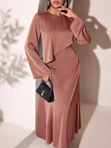 Veilorie 女款優雅端莊純色洋裝，深棕色，適合秋季婚禮、晚餐、辦公室、晚宴、派對與約會 - 藕粉色 - 查看 5