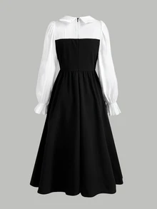 SHEIN 青少年女孩秋冬休閒優雅拼接襯衫長洋裝，適合日常優雅穿著、派對、度假 - 黑與白 - 查看 2