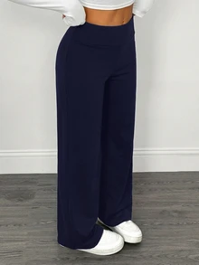 SHEIN PETITE 2pcs Women's Casual Minimalist High Waist Folded Wide Leg Straight Long Pants Suitable For Summer - Multicolor - View 5