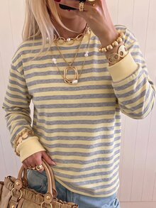 SHEIN EZwear 大尺碼女款條紋休閒百搭日常長袖T恤 秋季 - 彩色 - 查看 6