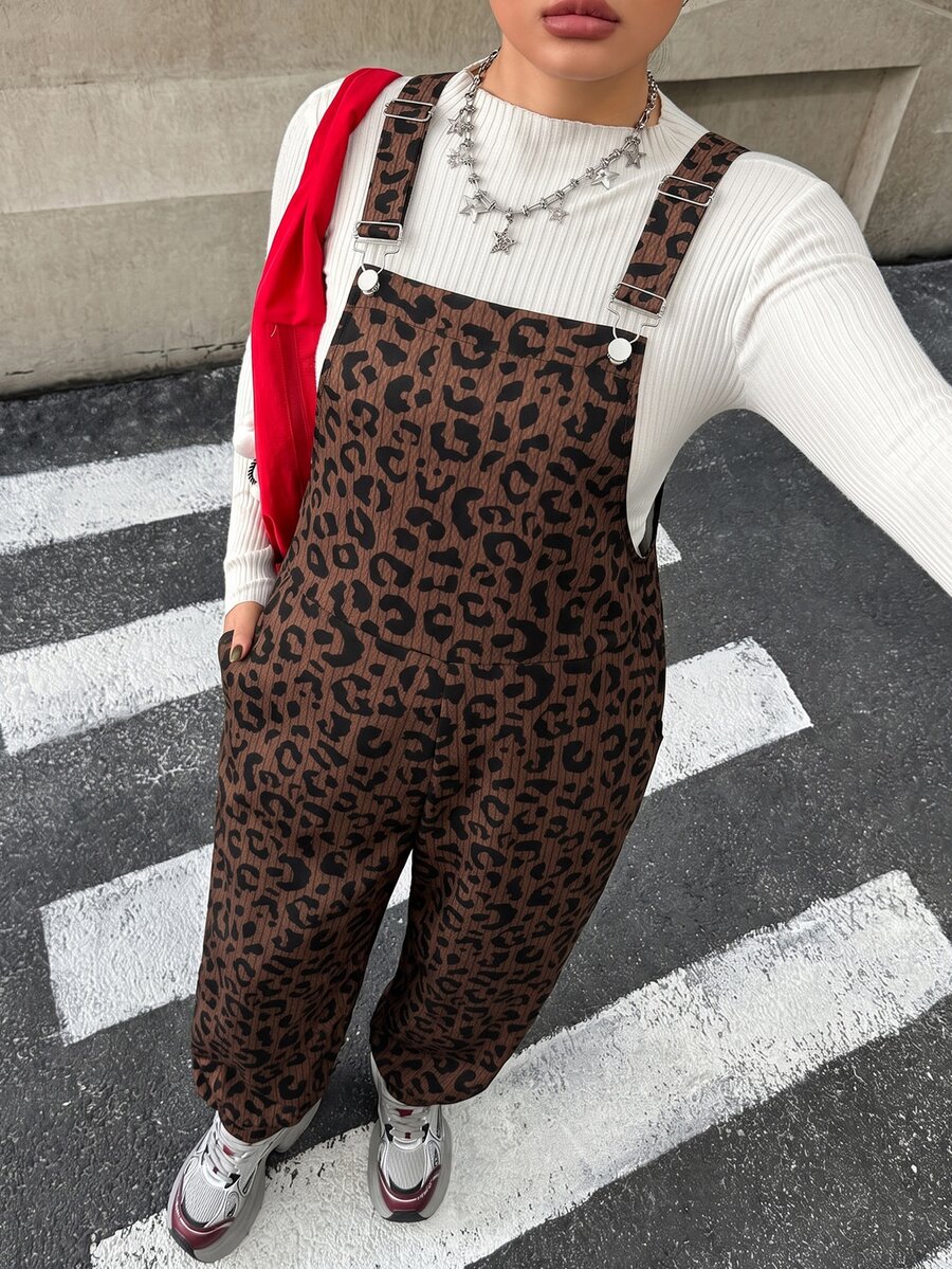 Solflare Plus Size Fashion Leopard Print Pocket Jumpsuit - Multicolor - View 1