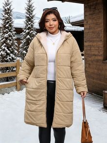 Reflora 大尺碼女款插肩袖長袖前拉鍊連帽保暖內裡冬季外套 - 卡其色 - 查看 7