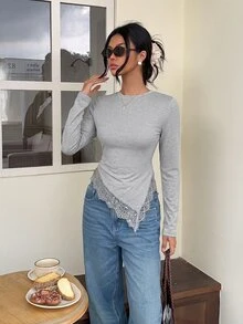 Serisse 女款蕾絲拼接修身百搭日常長袖T恤，秋冬款，正式、商務、時尚，適合返校、聖誕、新年、外出 - 灰色 - 查看 6