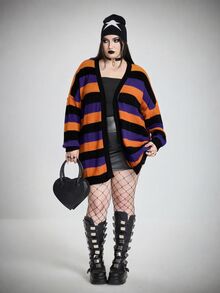 SHEIN CURVE+ 大尺碼哥德龐克風萬聖節多色條紋羊毛針織開襟衫，女款秋冬針織衫 - 彩色 - 查看 4