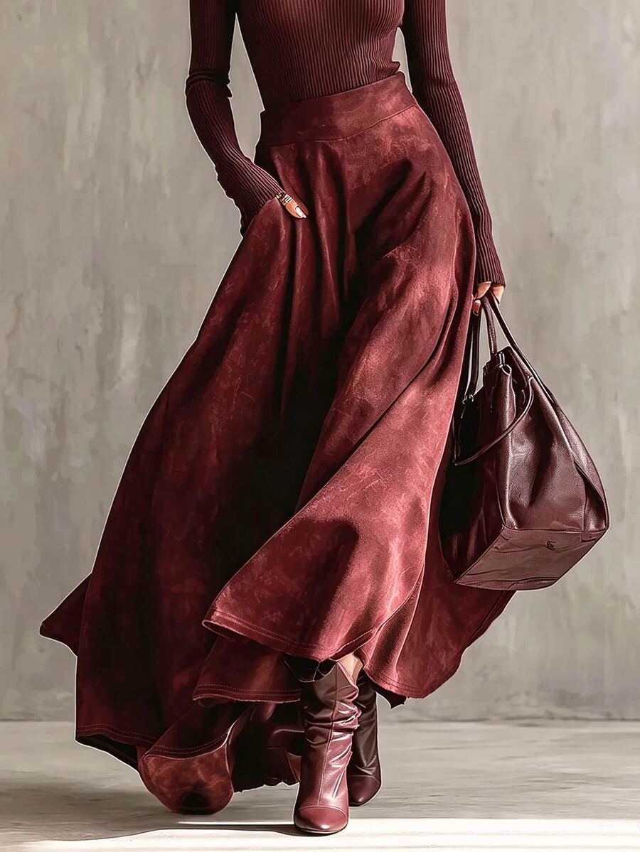 Glimmora Autumn/Winter Plus Size Women's Vintage Fashion Plus Size Flare Solid Color Pocket Skirt Fall - Burgundy - View 1