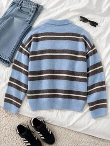 Sunspun Cardigan Wanita Ukuran Besar dengan Motif Garis-Garis Blok Warna dan Resleting, Cocok untuk Pakaian Musim Gugur/Musim Dingin - MultiWarna - View 2