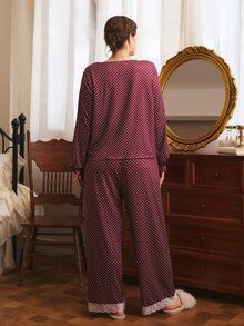 Côtesoire Plus Size French Romantic Polka Dot Print Contrast Color Lace Patchwork Long Sleeve Long Pants Pajama Set - Burgundy - View 2