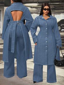 Slaydiva Plus Size Women Non-Stretch Denim Long Jacket With Hollow Back Design, Cowboy Outfits For Women - Medium Wash - View 7
