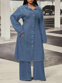 Slaydiva Plus Size Women Non-Stretch Denim Long Jacket With Hollow Back Design, Cowboy Outfits For Women - Medium Wash - View 4