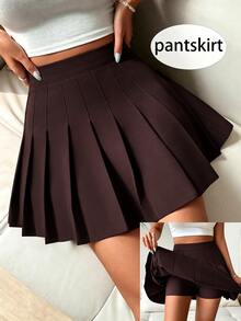 SHEIN PariChic 女款純色學院風休閒百搭百褶裙褲 - 巧克力棕 - 查看 1