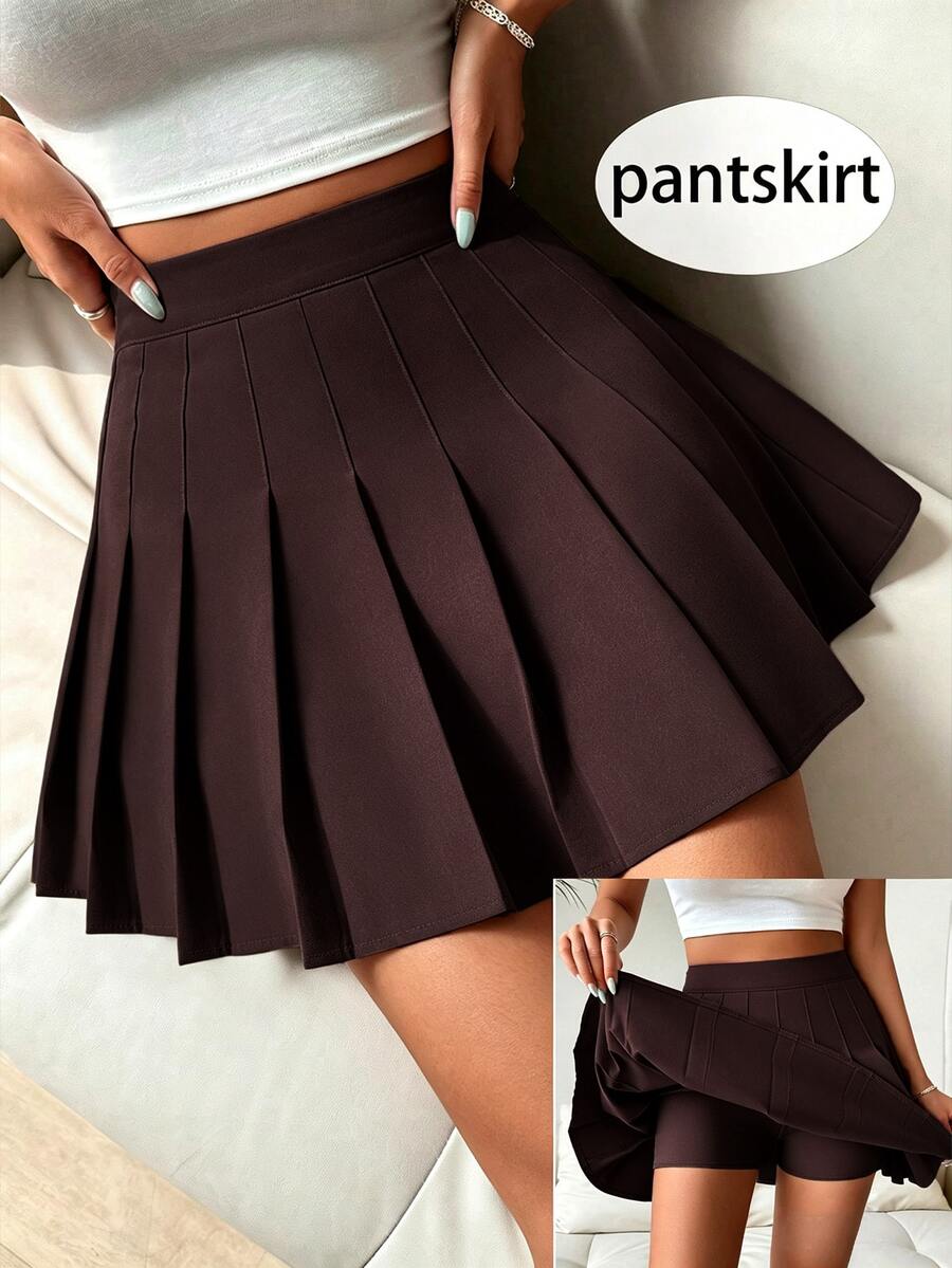 SHEIN PariChic 女款純色學院風休閒百搭百褶裙褲 - 巧克力棕 - 查看 1