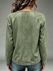 Trelyra Women's Denim Effect Print V-Neck Long Sleeve Casual Shirt - Green - View 2