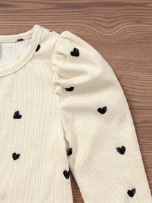 SHEIN Baby Girl Heart Print Round Neck Gigot Sleeve Casual Top - Khaki - View 4