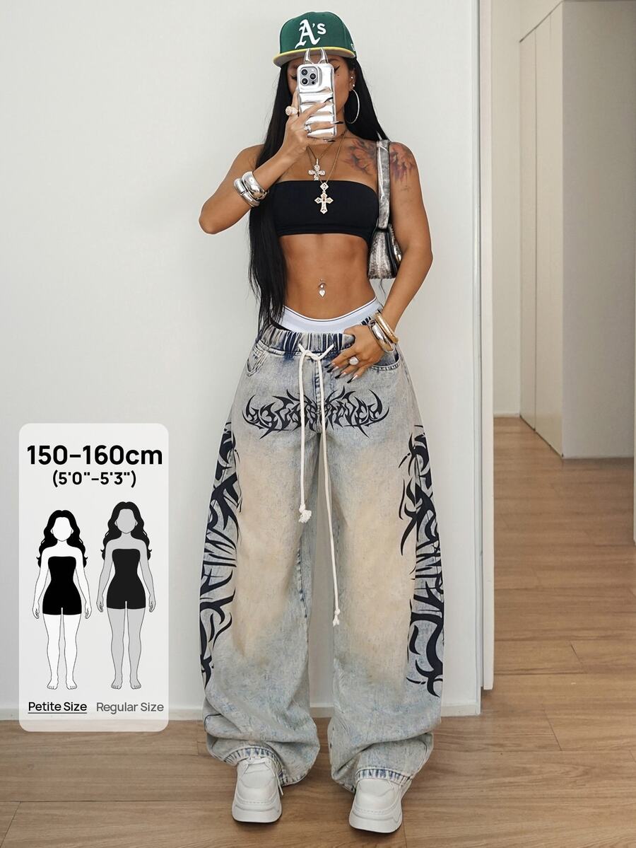 SHEIN PETITE Women's Gothic Pattern Drawstring Waist Pocket Wide Leg Casual Denim Jeans - Blue - View 1