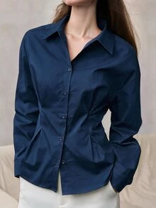 Zovinel 女款素色長袖單排扣休閒通勤襯衫 - 藏蓝色 - 查看 6