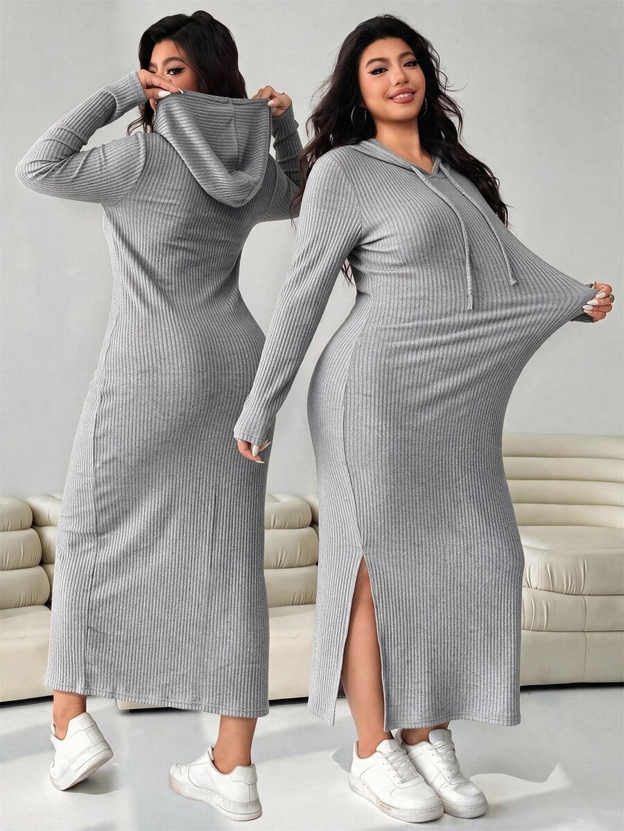 Solflare Autumn/Winter Casual Versatile Light Gray Plus Size Women's Drawstring Hooded Dress - Light Grey - View 1