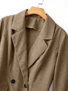 GlowEve CURVE Blazer Tipis Kancing Ganda Ukuran Plus untuk Wanita Musim Semi/Panas, Jaket Jas Kasual untuk Perjalanan Kerja dengan Manset Patchwork Garis Kontras - Khaki - View 7